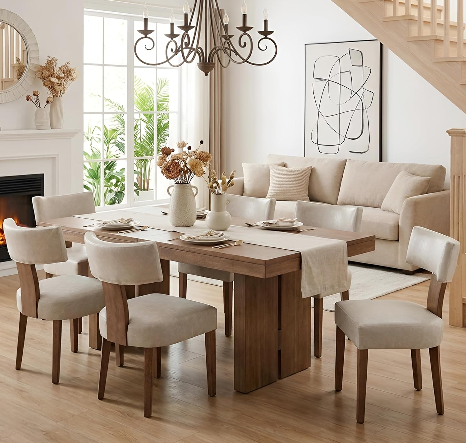 Shunzhi Grey Leather Dining Chairs Set of 4, Upholstered Wooden Dining Room Chairs, Mid Century Modern Farmhouse PU Kitchen Chairs, Accent Armless Side Chairs with Curved Back for Living Room, 4PCS