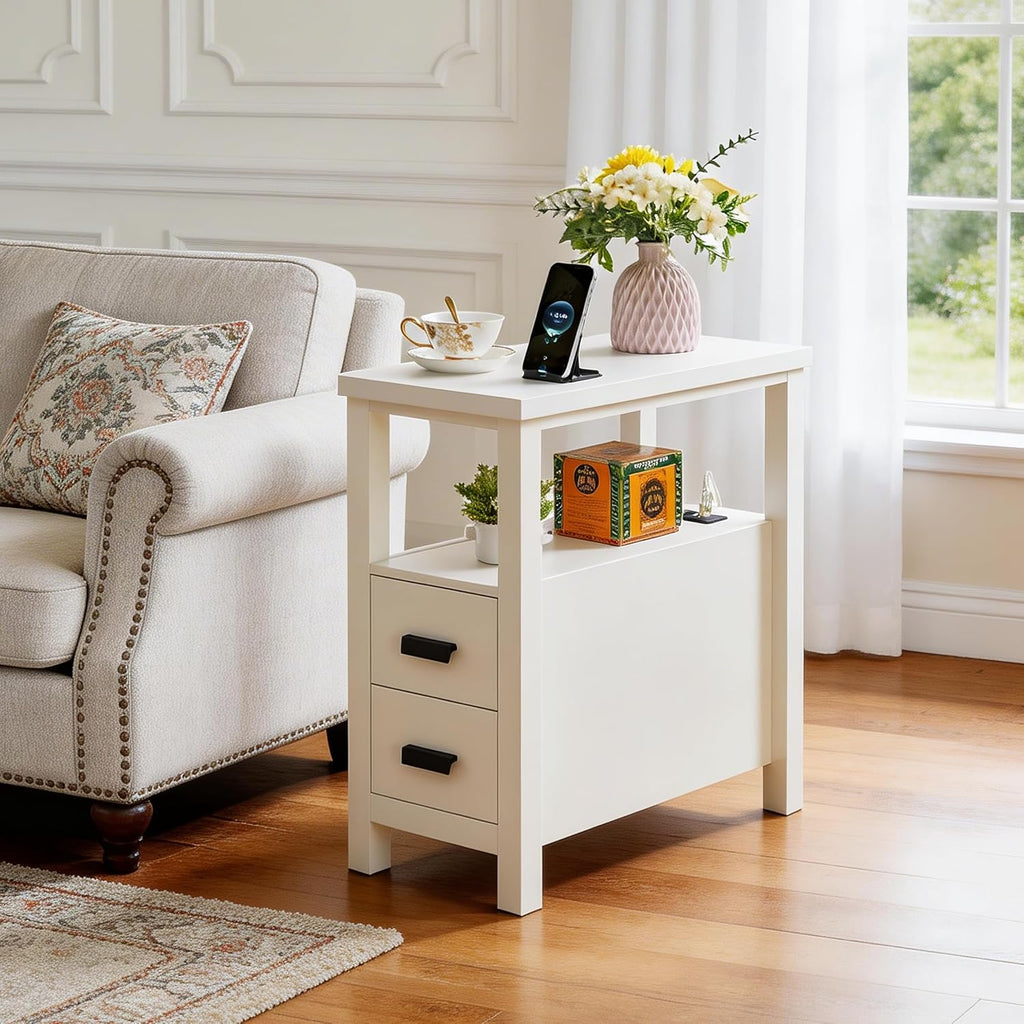 End Table with Charging Station, Narrow Nightstand with 2 Drawers and Open Shelf, Bedside Table with USB Ports and Outlets, Modern Wood Side Table for Bedroom Living Room Office (White)