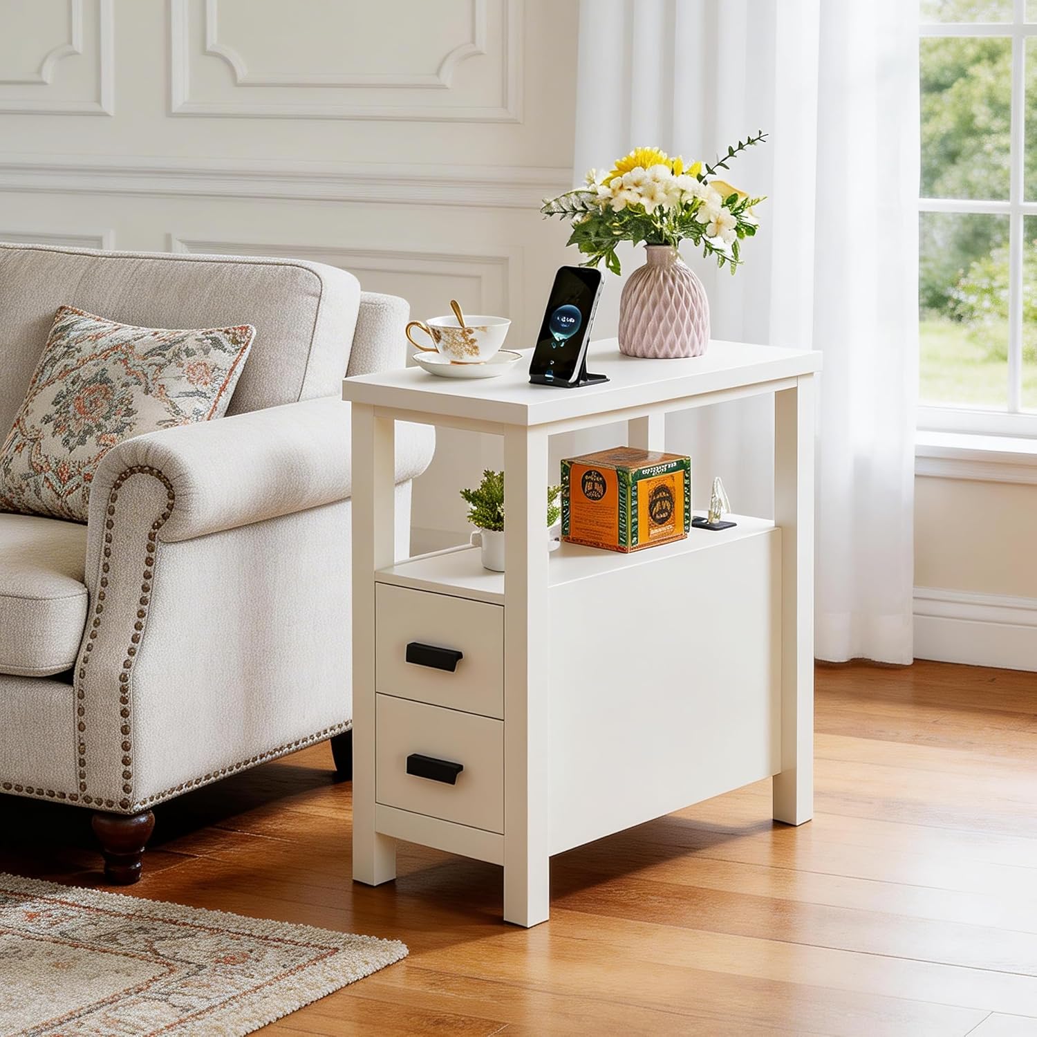 End Table with Charging Station, Narrow Nightstand with 2 Drawers and Open Shelf, Bedside Table with USB Ports and Outlets, Modern Wood Side Table for Bedroom Living Room Office (White)