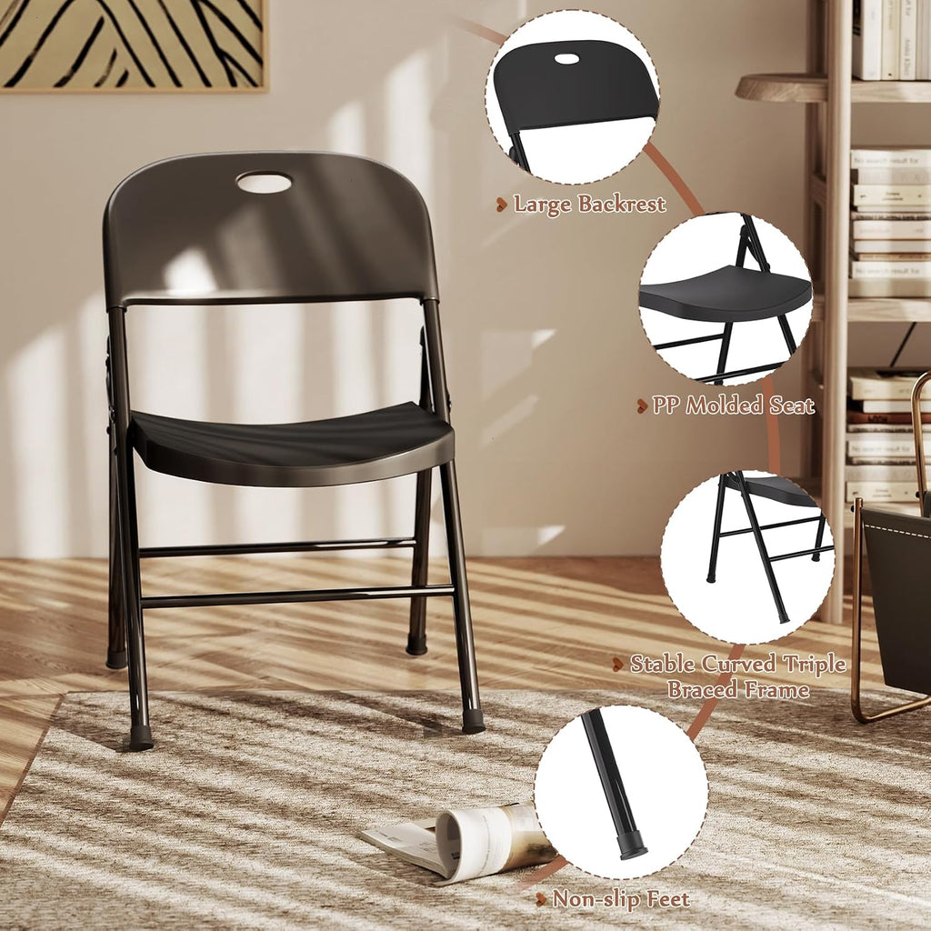 SKONYON Black Plastic Folding Chairs Set of 4, 350LB Heavy Duty Metal Frame Foldable Chair for Indoor Outdoor, Lightweight Portable Stackable Fold Up Chairs for Wedding Party Picnic Patio