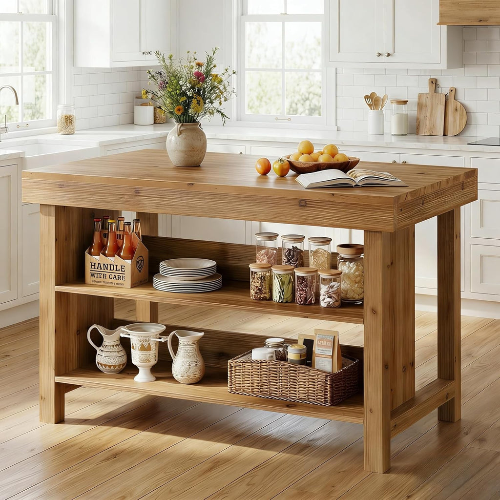 55" Solid Wood Kitchen Island with Storage, Farmhouse Kitchen Island Table with 3-Tier Open Shelves and Large Countertop for Kitchen, Dining & Living Room, Natural Oak