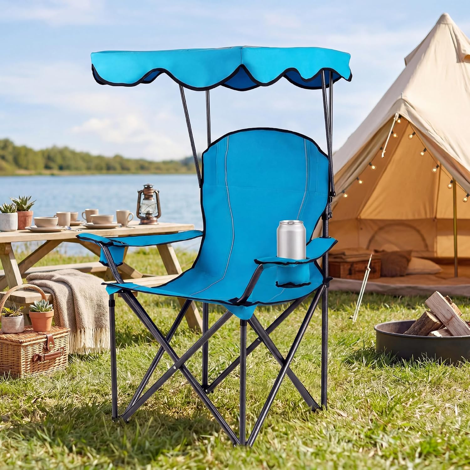 GYMAX Camping Chair, Folding Outdoor Lawn Chair with Canopy, Carry Bag & Cup Holder, Portable Heavy Duty Camp Chair for Outside Travel, Picnic, Beach Soccer Chairs