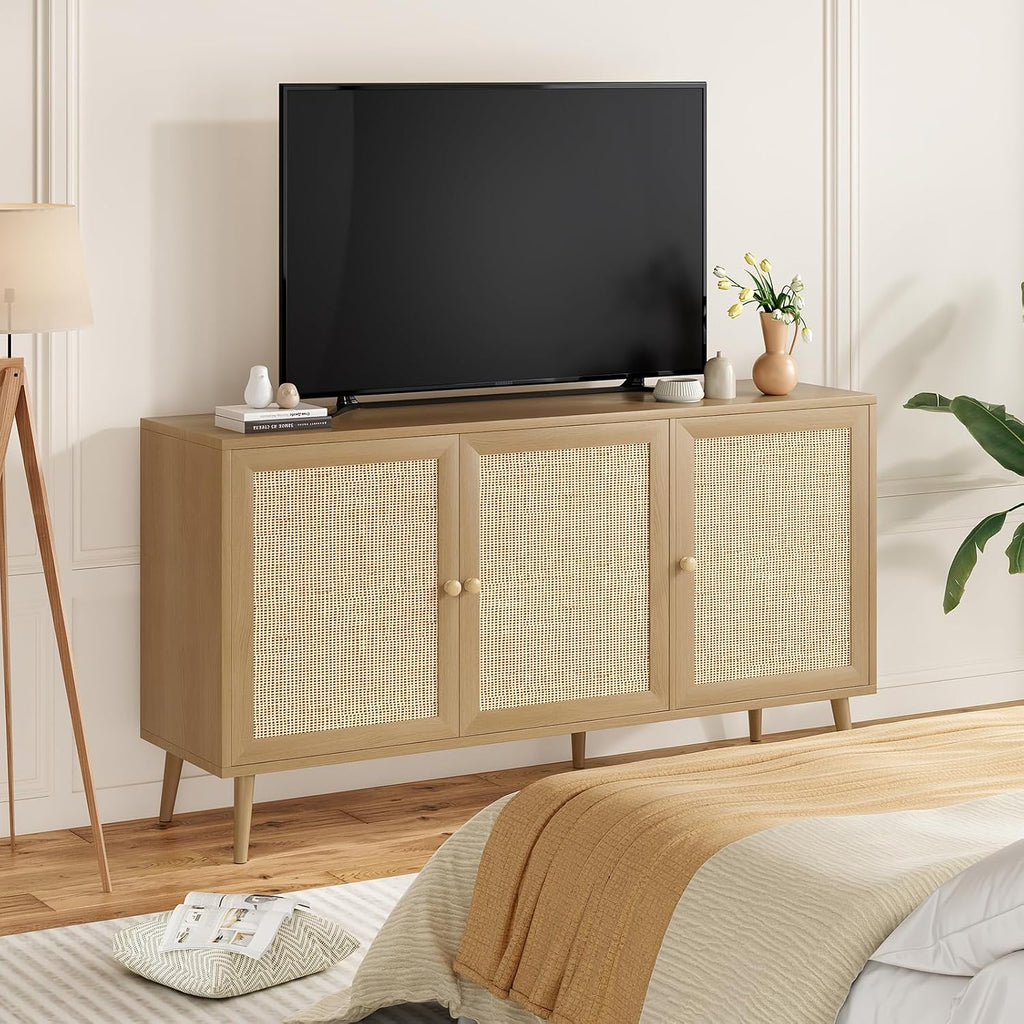 Farini 59.1" Buffet Cabinet with 3 Rattan Doors,Kitchen Sideboard for Dining Room, Hallway & Living Room, Coffee Bar Storage Console Table,Natural