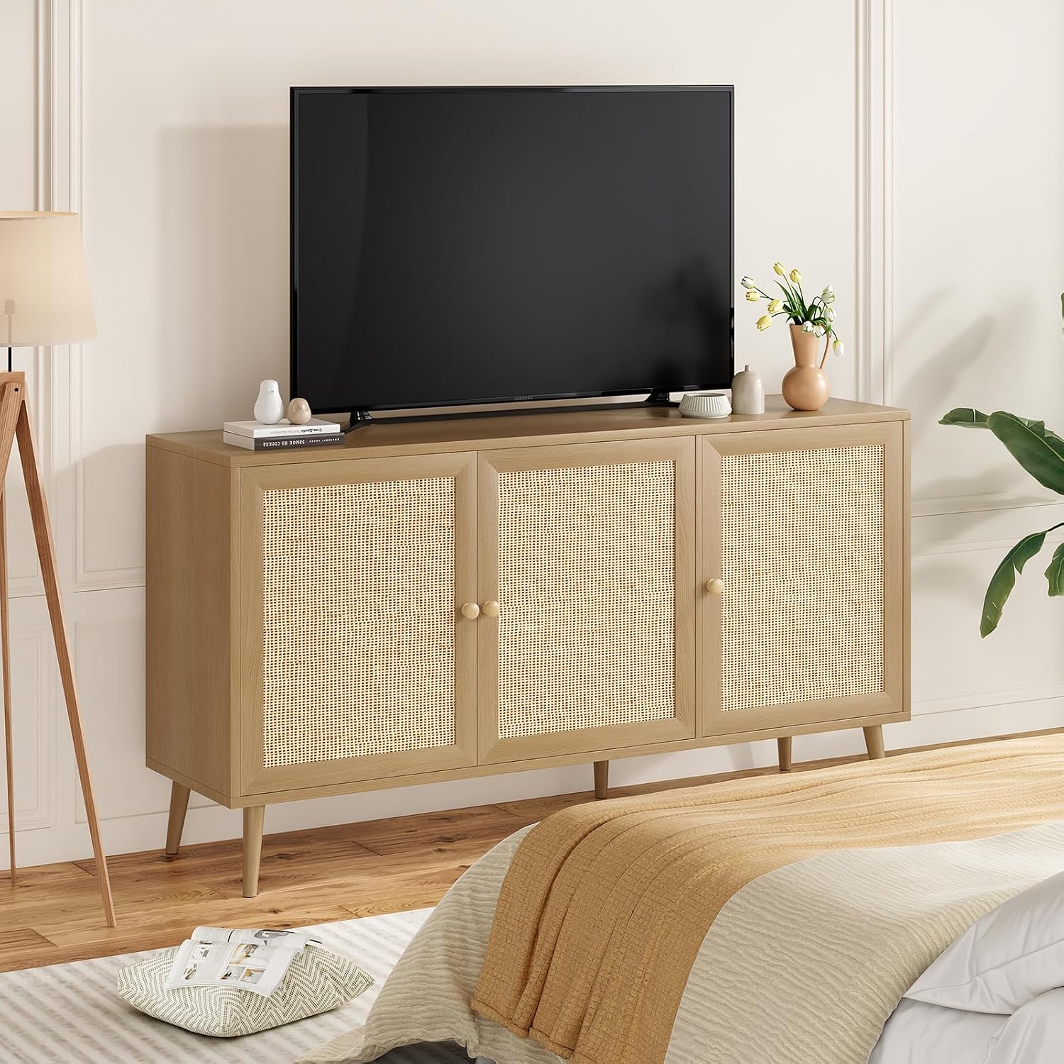 Farini 59.1" Buffet Cabinet with 3 Rattan Doors,Kitchen Sideboard for Dining Room, Hallway & Living Room, Coffee Bar Storage Console Table,Natural
