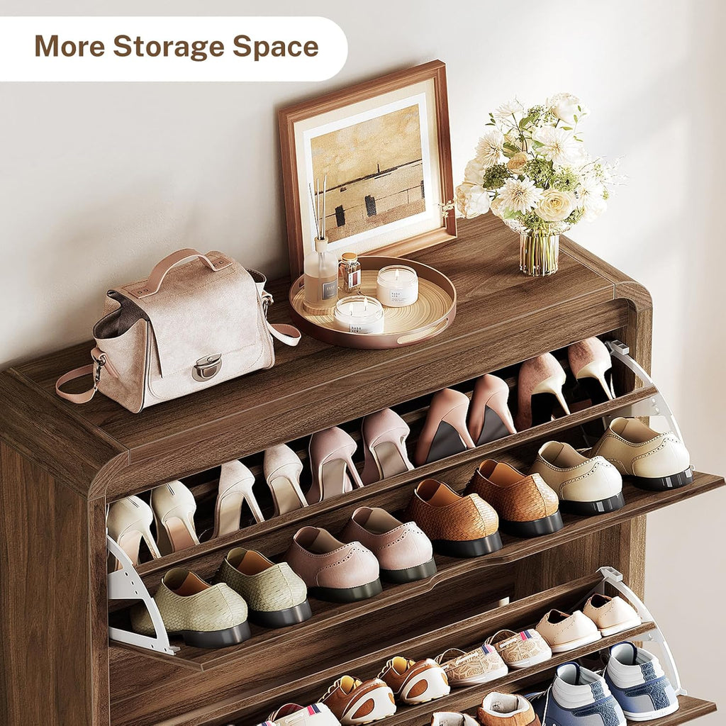 TEENFON Shoe Cabinet with 3 Flip Drawers & Adjustable Shelves, Narrow Freestanding Shoe Storage Cabinet for 18-27 Pairs, Hidden Slim Shoe Rack Cabinet for Entryway, Walnut
