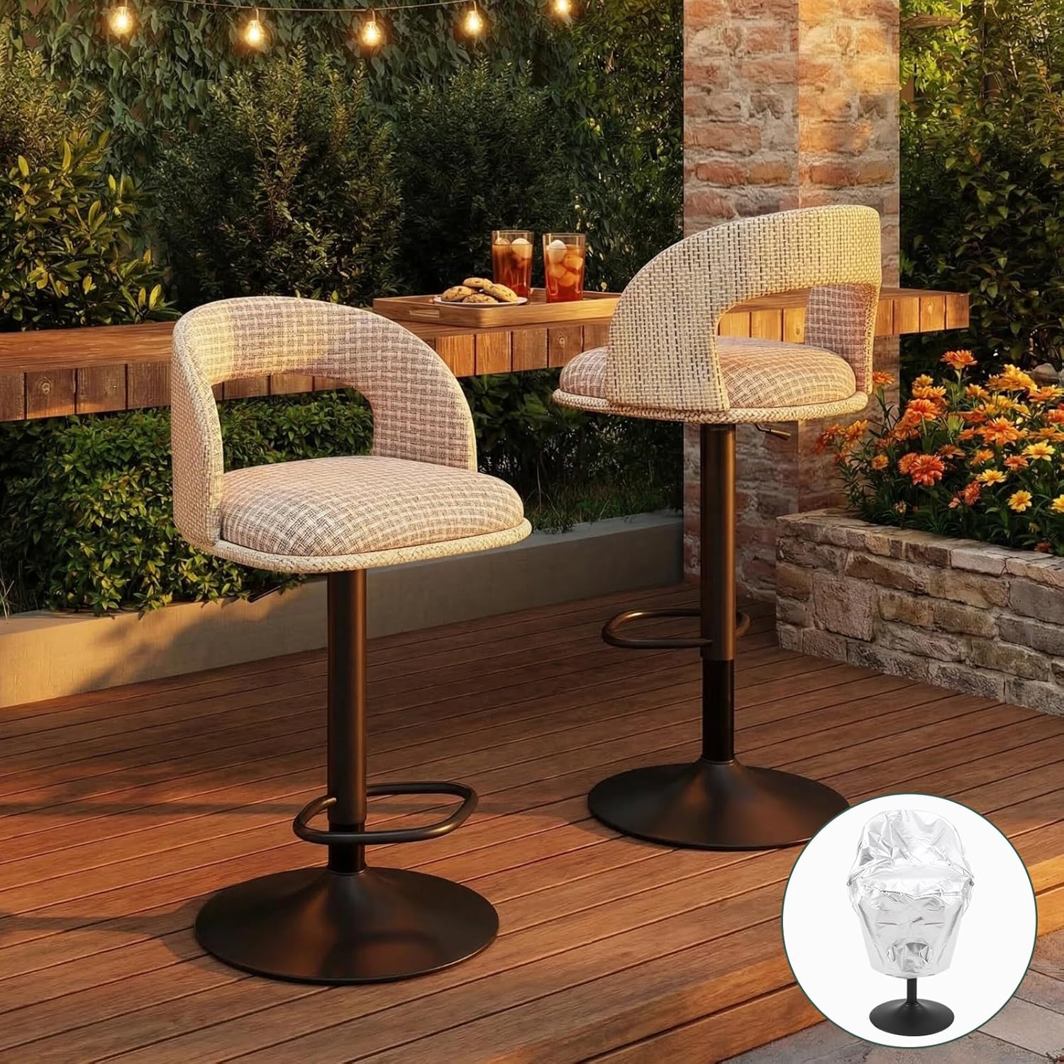 Furnimart Outdoor Bar Stools Set of 2 with Covers Waterproof, Adjustable Patio Stools with Hollow Back, Counter Height Swivel Chairs for Garden, Yard, All-Weather Textilene Fabric, Linen Plaid