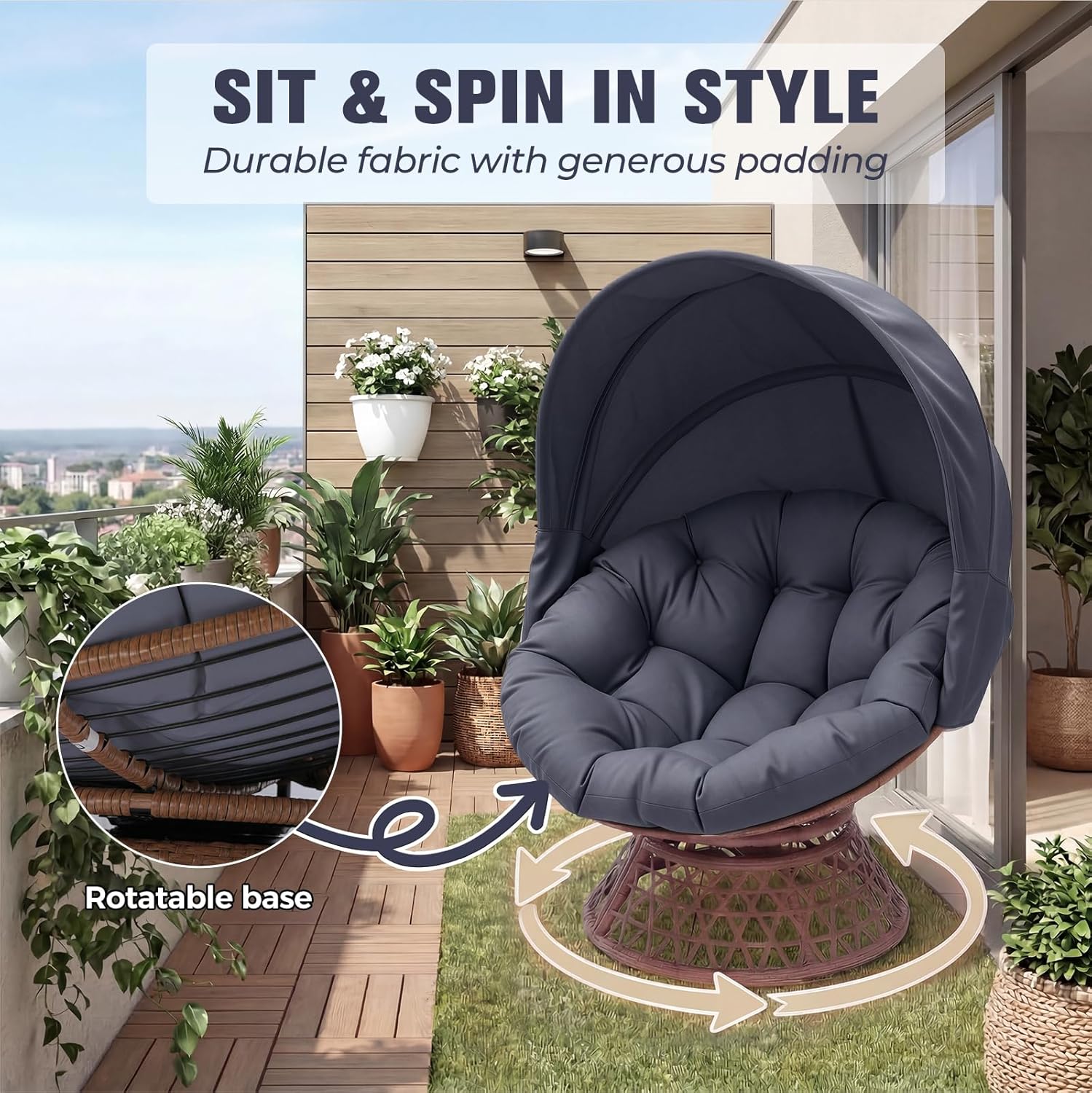 COMHOMA Papasan Chair, 36" Ergonomic Wicker Papasan Chair with Extra-Thick Soft Fabric Cushion, Heavy-Duty Steel Frame, 360° Swivel Base for Living Room, Lounge, Bedroom & Reading Nook – Grey