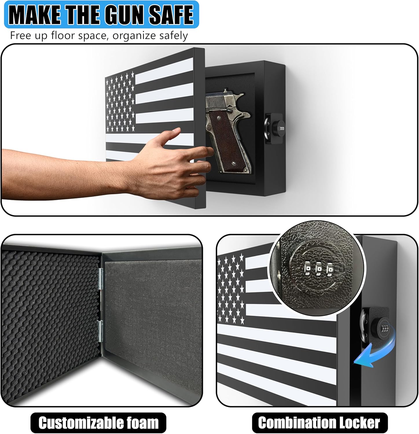 American Flag Gun Concealment Case, 19.7" x 11.8" x 4.9" American Flag Wall Hanging Concealed Gun Cabinet, Combination Lock All Iron Frame for Police Gift