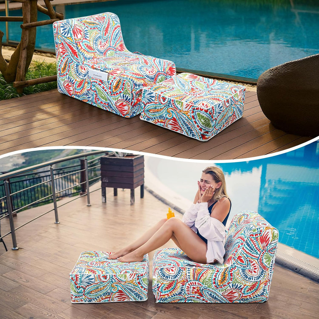 Gemscream Outdoor Inflatable Bean Bag Chair and Ottoman, Portable Inflatable Bean Bag and Ottoman with Handle for Patio Garden Home Boho Decorative Living Room (Paisley Pattern)