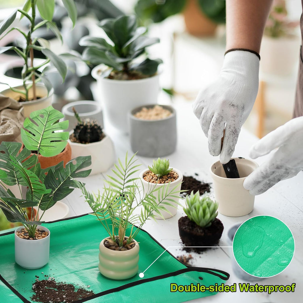 HARFINGTON 2pcs Repotting Mat 13" x 13" PE Cloth Waterproof Plant Repotting Mat Foldable Portable Gardening Potting Tray with Plastic Buckle for Indoor Plant Change Soil Watering, Green