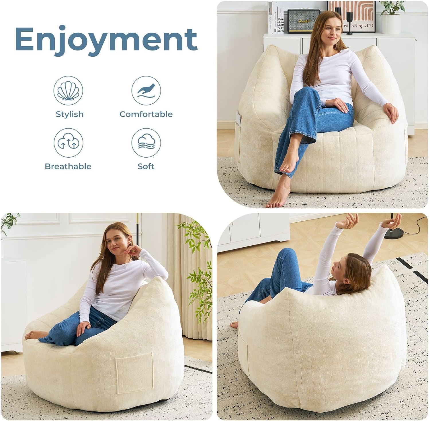 Giant Bean Bag Chair for Adults,Oversized Bean Bag with Filling Plush Fluffy,BeanBag Floor Sofa Chair with with Back Support for Living Room, Bedroom, Reading,Beige