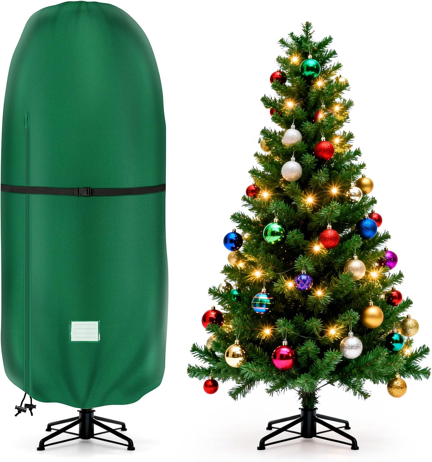 Christmas Tree Cover - 420D Waterproof Oxford Cloth Storage Bag for 4-6 FT Christmas Trees, Metal Zipper & Adjustable Straps (66" H x 50" W)