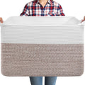 75L Extra Large Blanket Basket for Living Room - Cotton Rope Laundry Hamper Woven Baskets XXL Storage Bin with Handles for Dirty Clothes, Kids, Pets, Toys, Bedroom, 22" x 17" x 12", White & Brown