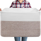75L Extra Large Blanket Basket for Living Room - Cotton Rope Laundry Hamper Woven Baskets XXL Storage Bin with Handles for Dirty Clothes, Kids, Pets, Toys, Bedroom, 22" x 17" x 12", White & Brown