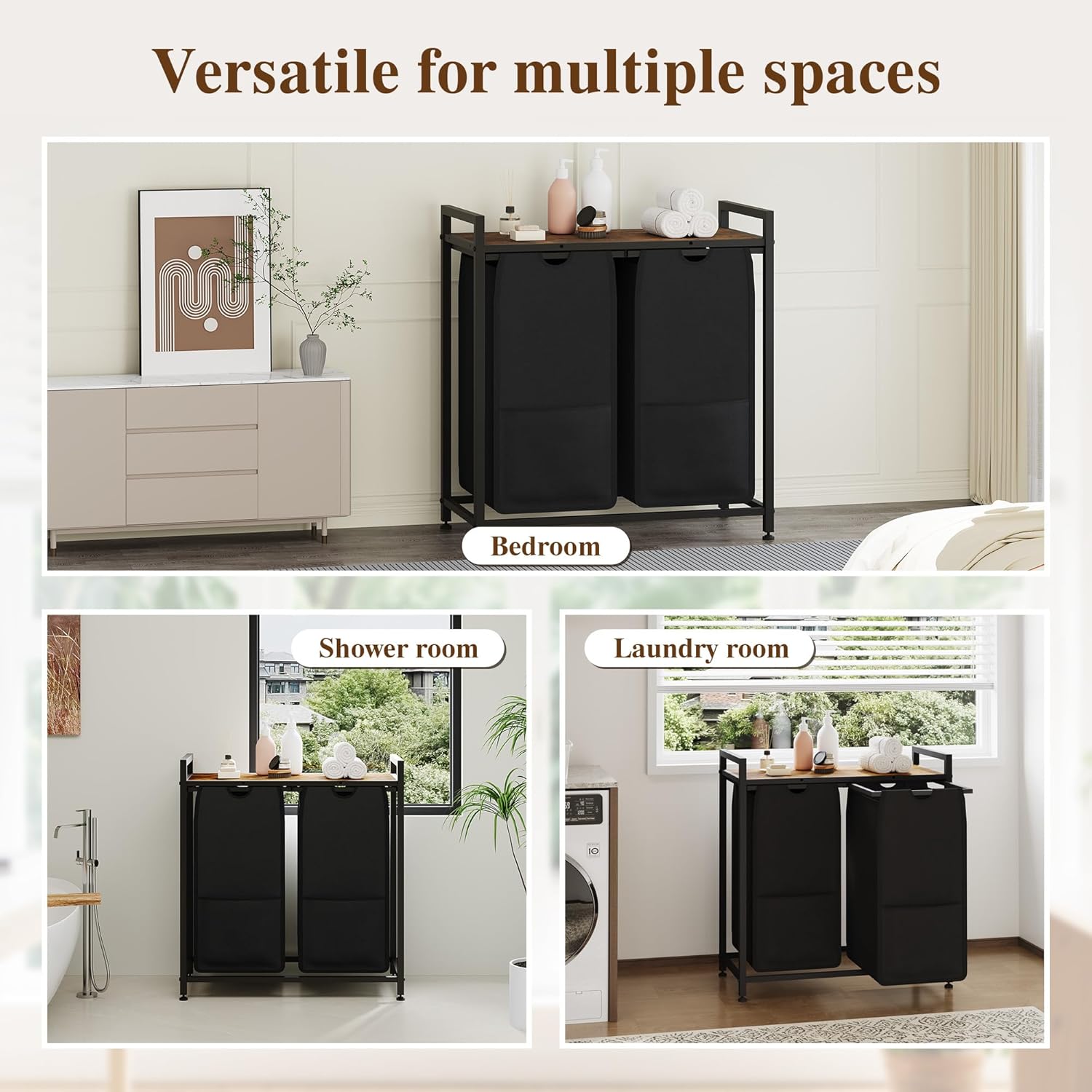 Laundry Sorter, Freestanding Black Hamper Basket, 2 Section Organizers and Storage, Pull-Out Fabric Bags, 100lb Capacity MDF Shelf, Metal Frame, 48L Bags, 26.8x13x28.5 Inch