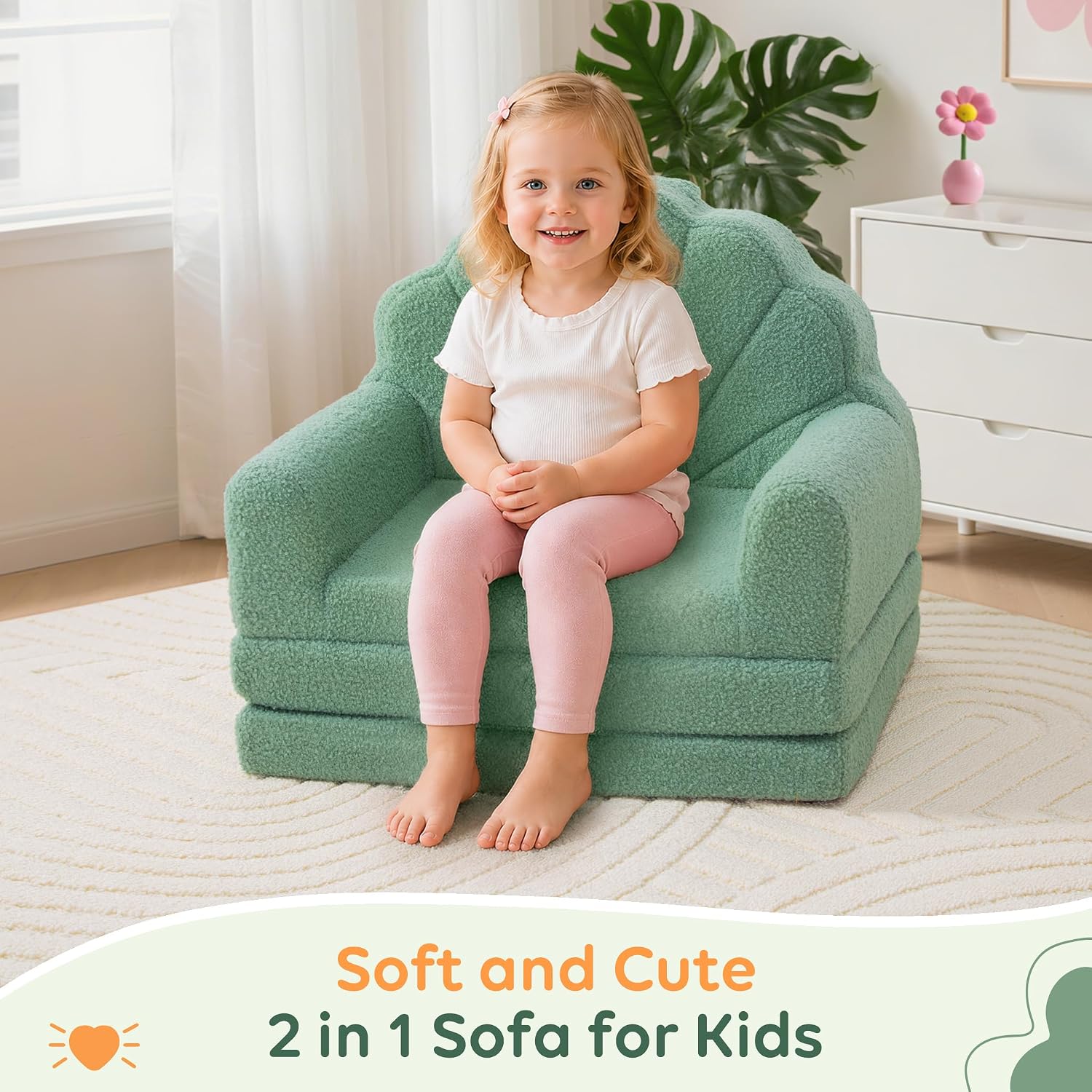 Airpanda Kids Chair, 2-in-1 Soft Couches that Fold Out for Kids Convertible Sofa for Playroom with Cute Petal Design, Green