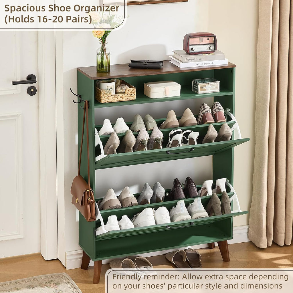 Joaxswe Shoe Cabinet Storage for Entryway with 2 Flip Drawers 2 Hook Open Storage Layer Rack Narrow Organizer Slim Hidden Wood Shoe Cabinet Furniture Dark Green