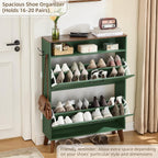 Joaxswe Shoe Cabinet Storage for Entryway with 2 Flip Drawers 2 Hook Open Storage Layer Rack Narrow Organizer Slim Hidden Wood Shoe Cabinet Furniture Dark Green