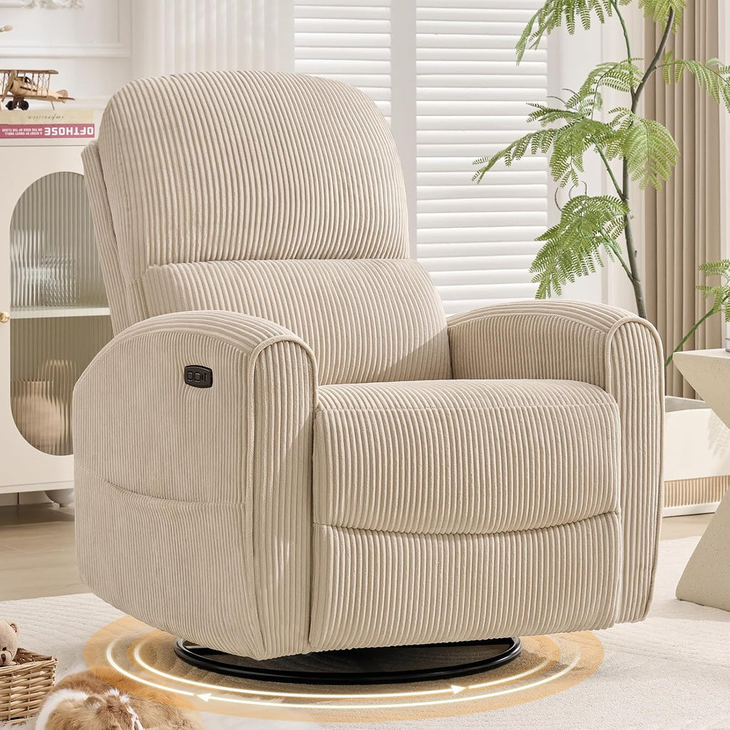 Power Swivel Rocker Recliner, Swivel Glider Nursery Electric Recliner Chair with Lumbar Support, Upholstered Rocking Recling Chairs for Adults Nursery, Living Room, Bedroom, Corduroy Camel