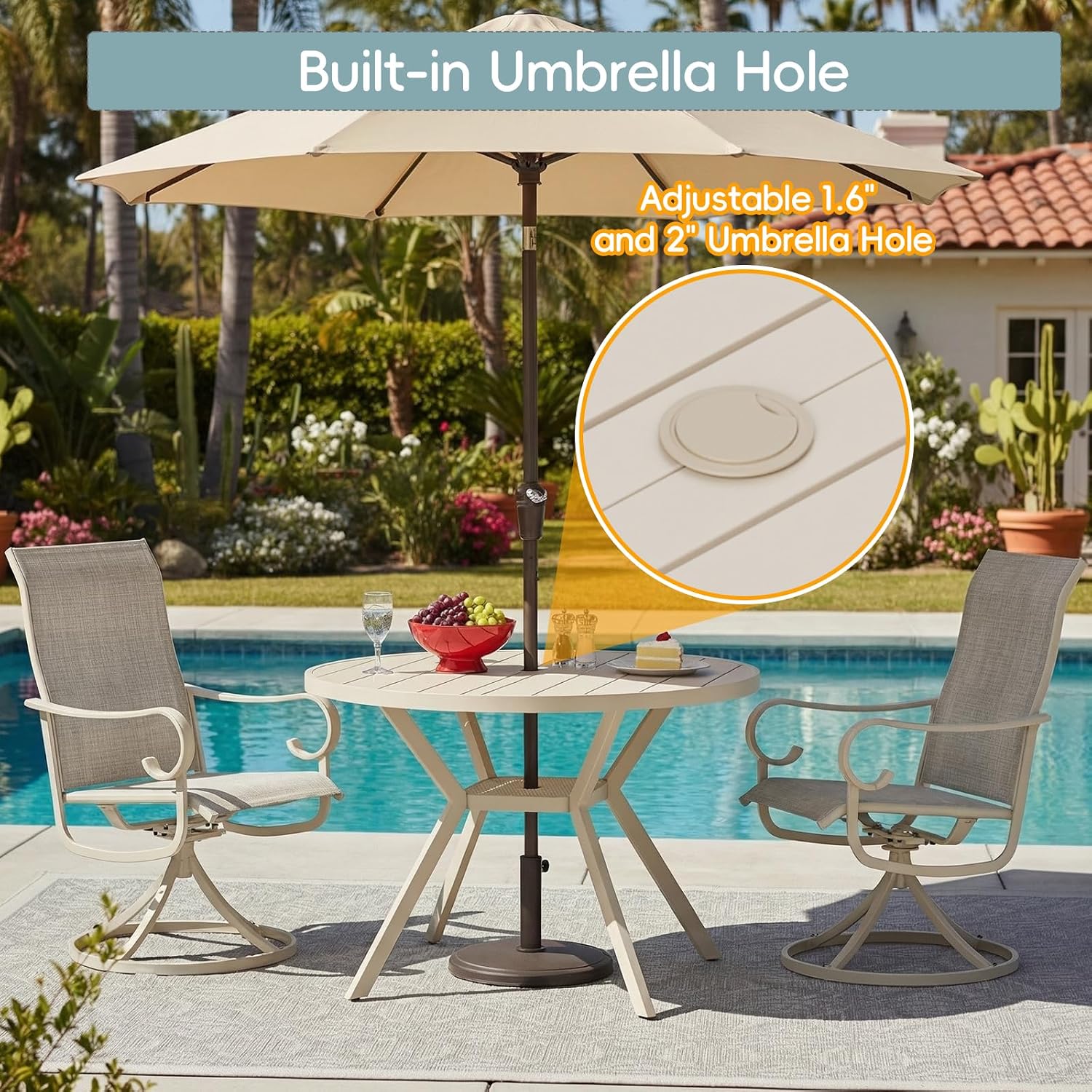 42" Outdoor Patio Table Dining Table All Weather Metal Round Patio Dining Table with Adjustable Umbrella Hole Patio Furniture for Lawn Garden Backyard, Sandshell