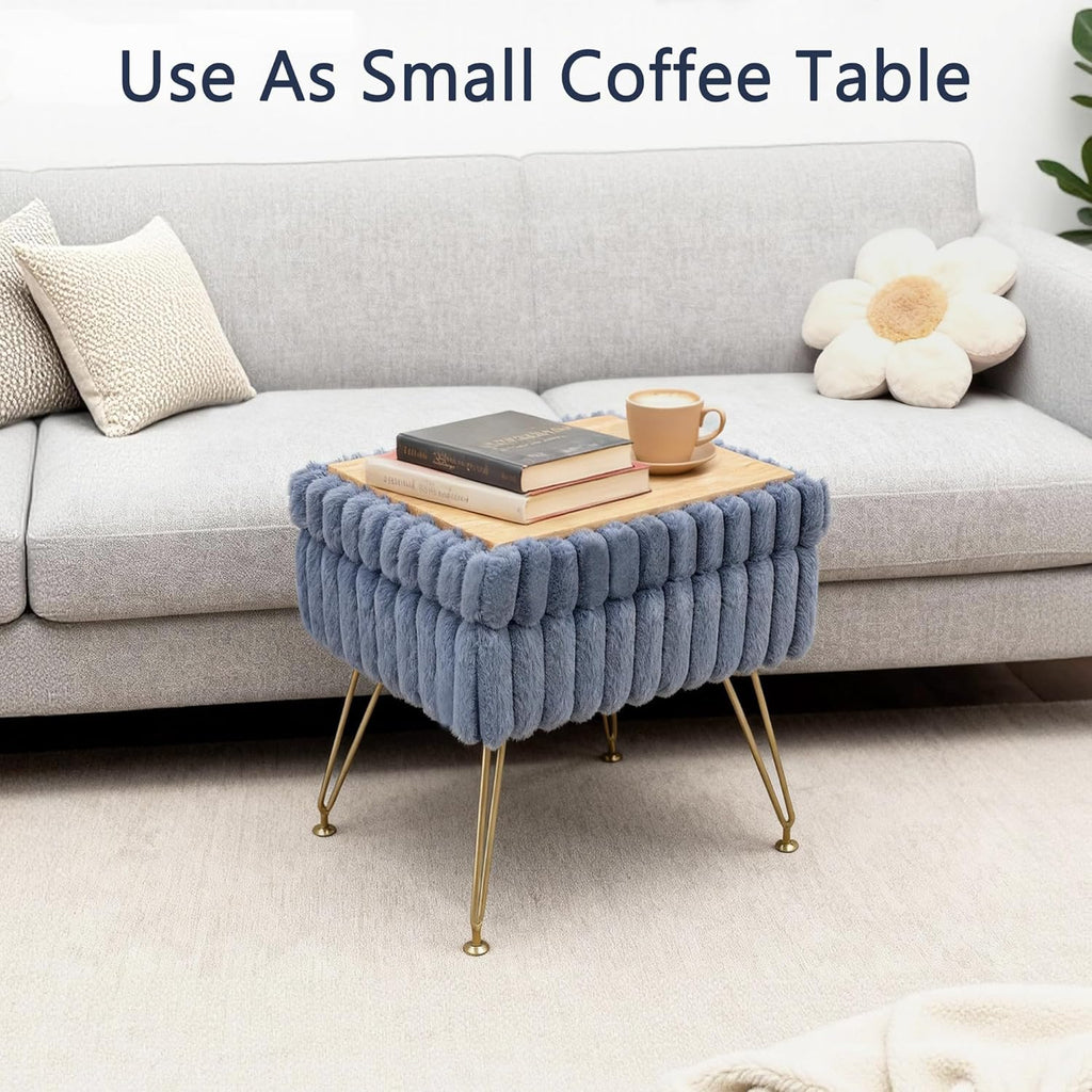 Vanity Stool Chair with Storage, Faux Fur Soft Padded Ottoman with Coffee Table, Modern Vanity Chair Fluffy Footstool with Metal Legs for Makeup, Living Room,Bedroom Blue
