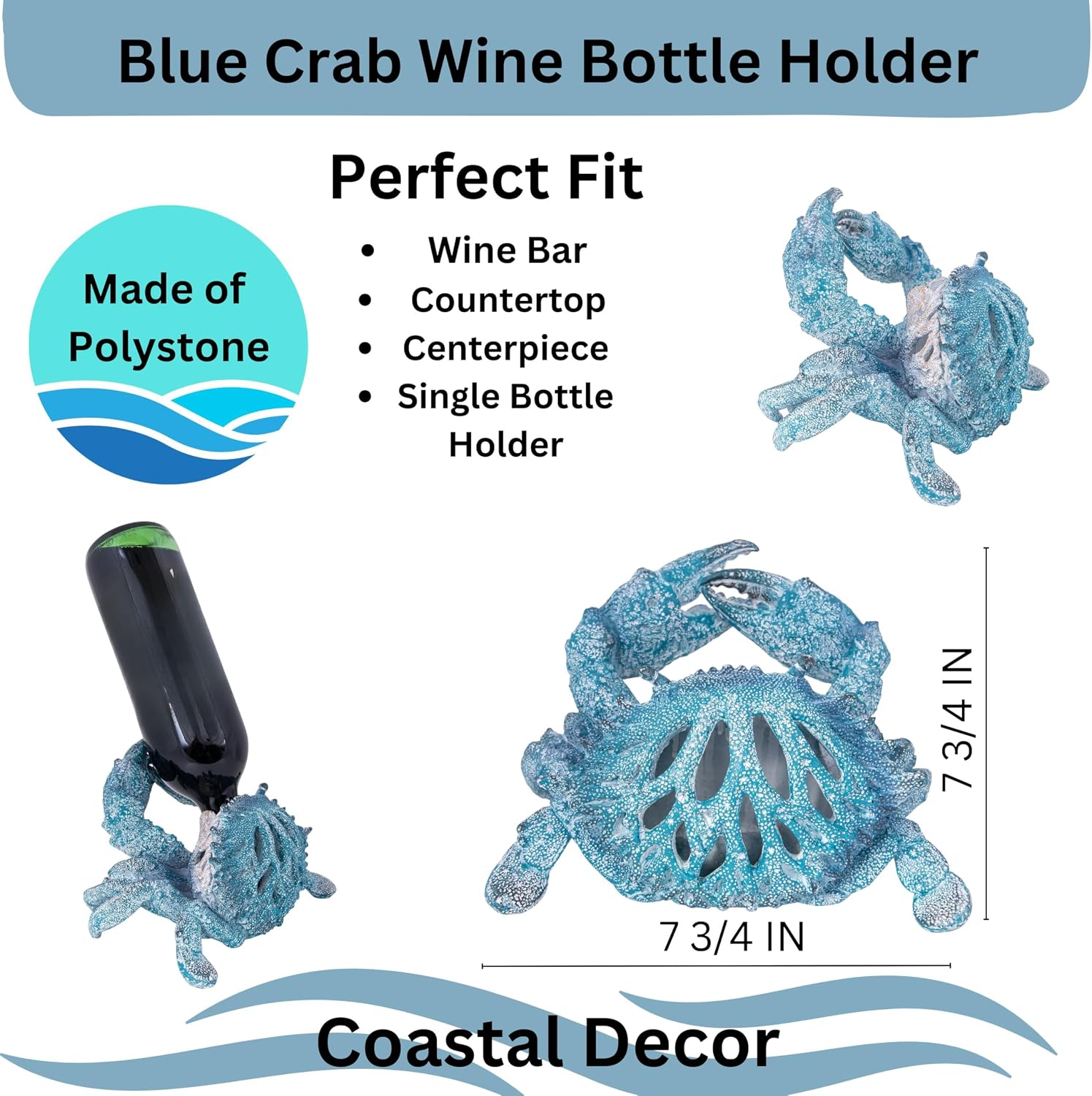 Coral Reef Crab Wine Bottle Holder Countertop Bar Single Wine Holder Nautical Coastal Decor (Aqua)