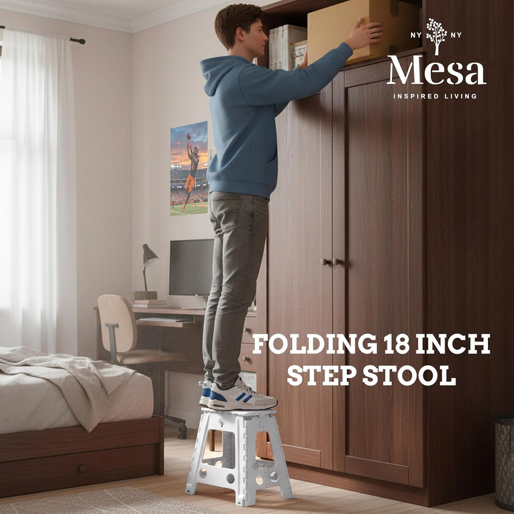 Inspired Living 18" Step Stool, Folding Step Stools for Adults, Plastic Foldable Step Stools Kids, Holds Up to 330 lbs, Collapsible Folding Stool for Kitchen, Bathroom, Bedroom (White Black, 18" High)
