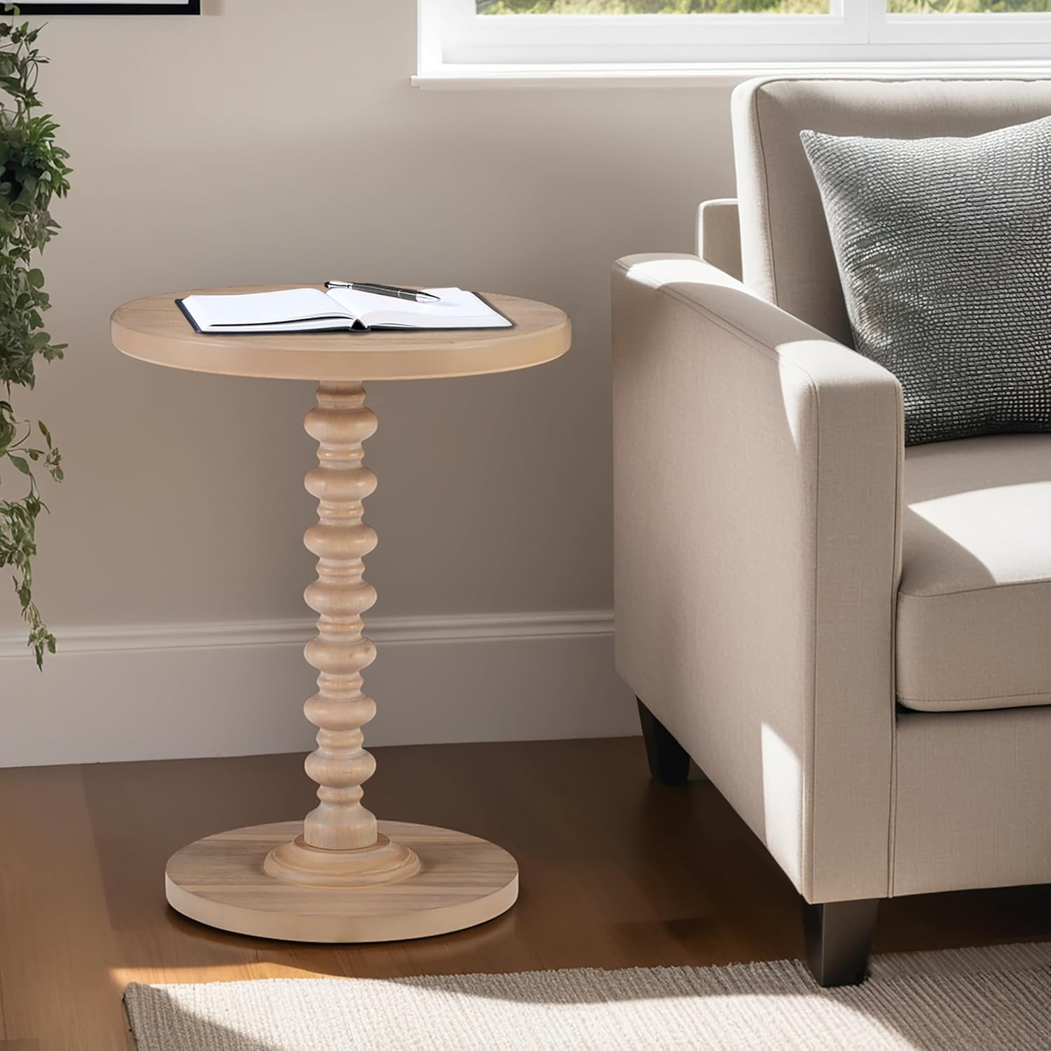 Powell Tarkin Round Natural Wood Turned Spindle Pedestal Side Accent Table
