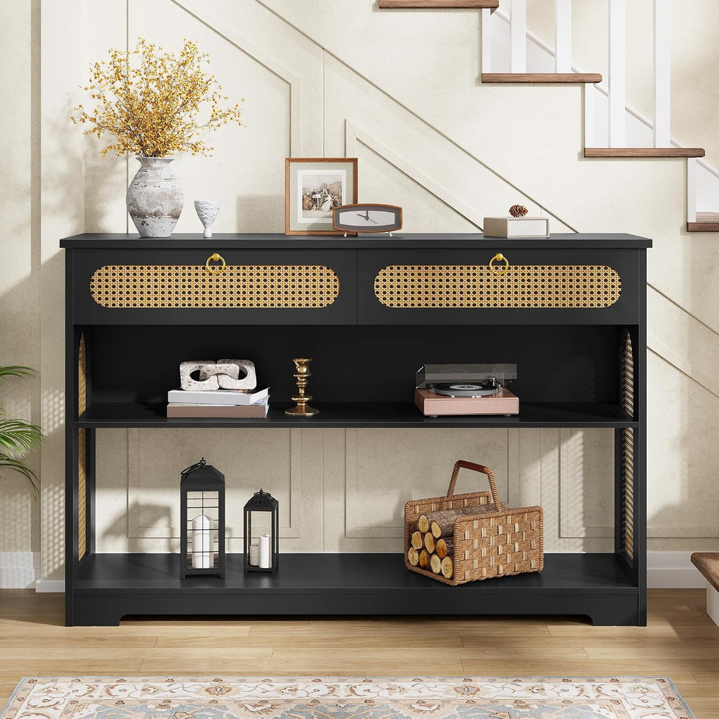 Hoctieon Rattan Console Table with 2 Drawers, 3-Tier Boho Woven Entryway Table with Back Panel and Open Storage Shelf, 40" Wood Narrow Long Sofa Tables for Hallway, Foyer, Living Room, Black