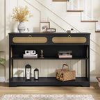 Hoctieon Rattan Console Table with 2 Drawers, 3-Tier Boho Woven Entryway Table with Back Panel and Open Storage Shelf, 40" Wood Narrow Long Sofa Tables for Hallway, Foyer, Living Room, Black