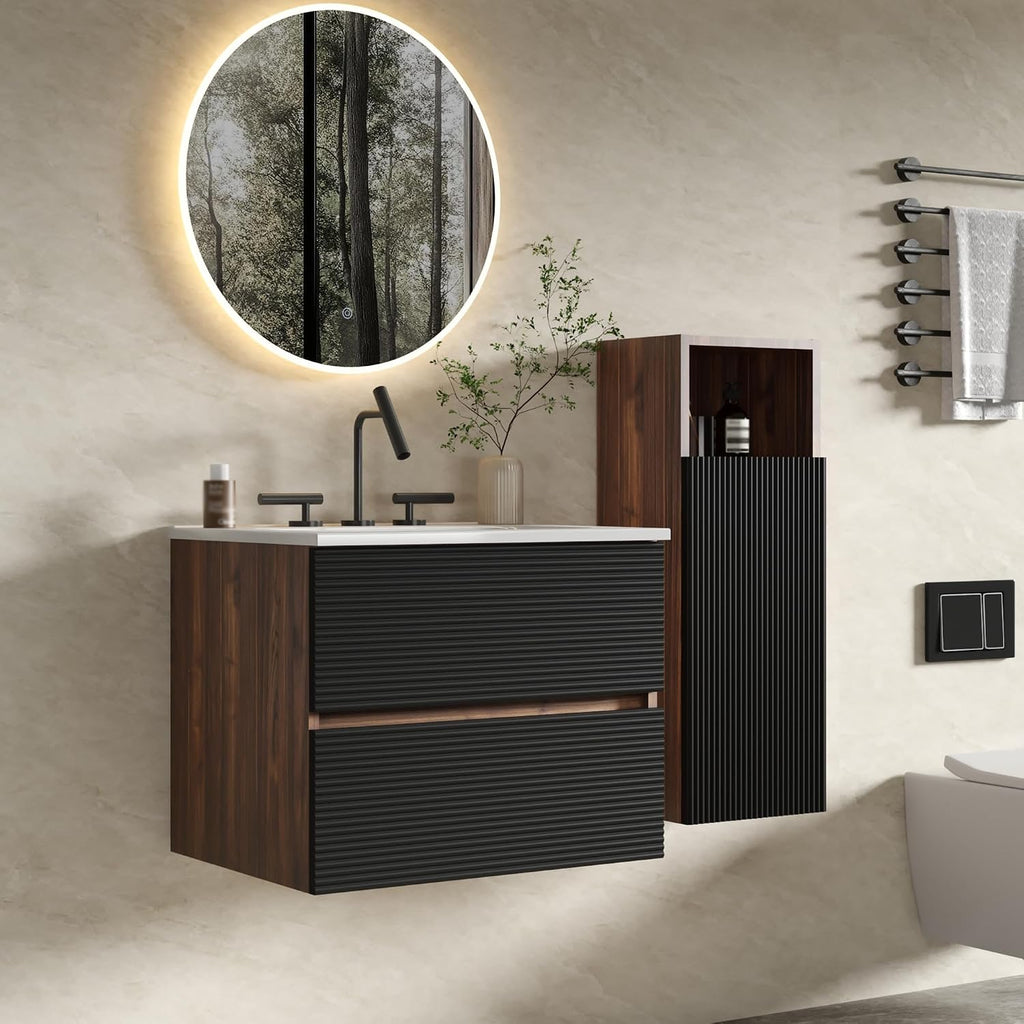 12" Floating Bathroom Storage Cabinet, Modern Wall Cabinets with Soft-Closing Door & Open Shelf, Bathroom Side Cabinet for Small Spaces, Apartment, Walnut+Black