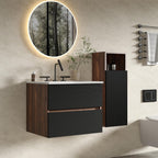 12" Floating Bathroom Storage Cabinet, Modern Wall Cabinets with Soft-Closing Door & Open Shelf, Bathroom Side Cabinet for Small Spaces, Apartment, Walnut+Black