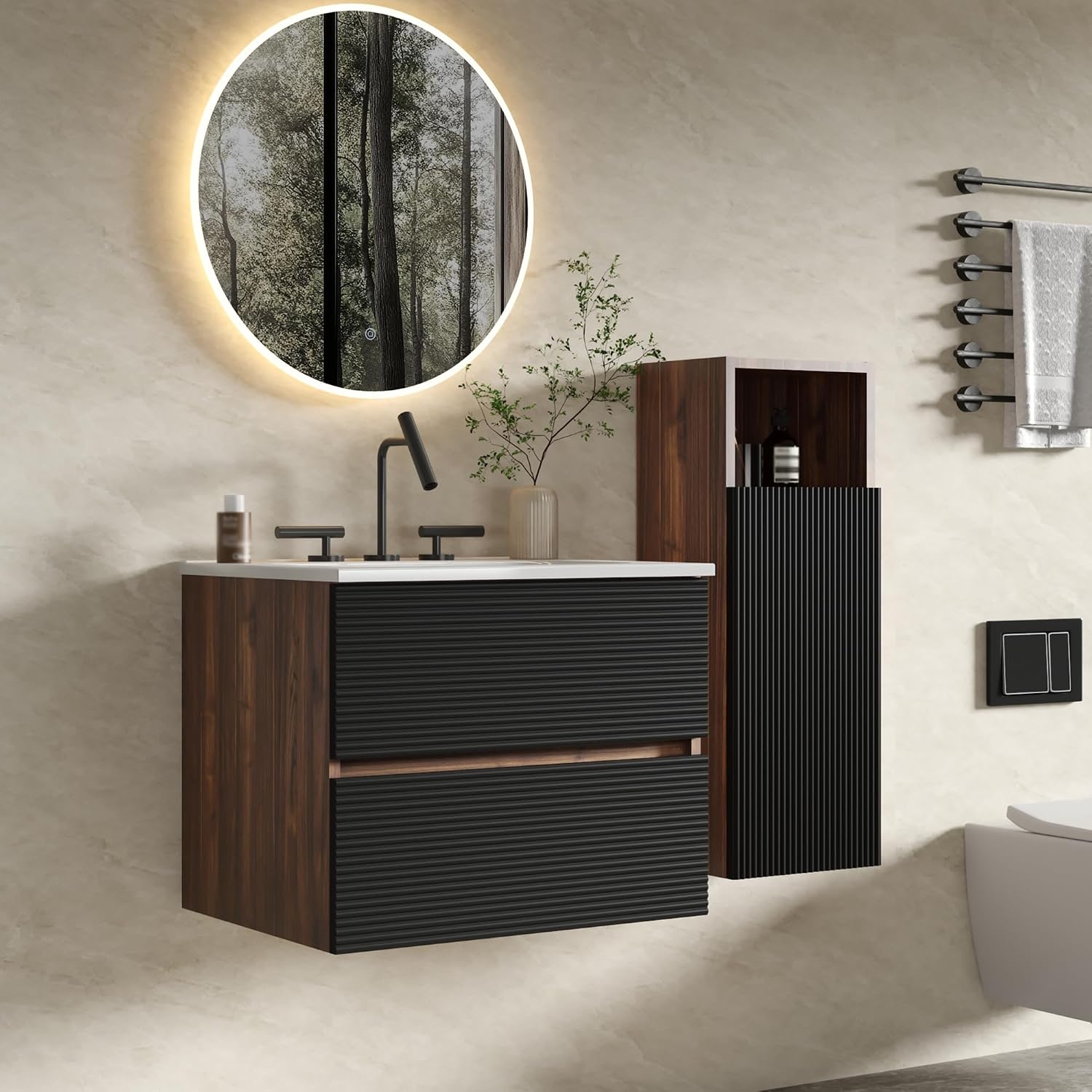 12" Floating Bathroom Storage Cabinet, Modern Wall Cabinets with Soft-Closing Door & Open Shelf, Bathroom Side Cabinet for Small Spaces, Apartment, Walnut+Black
