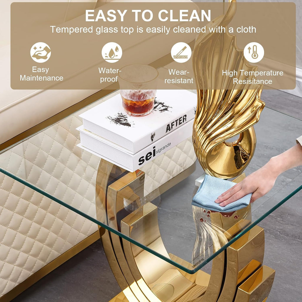 Luxury Gold Glass End Table, 22.6" Square Sofa Side Table with Mirrored Ring-Shape Stainless Steel Base, Glass End Tables Nightstand Bedside Table for Living Room Bedroom
