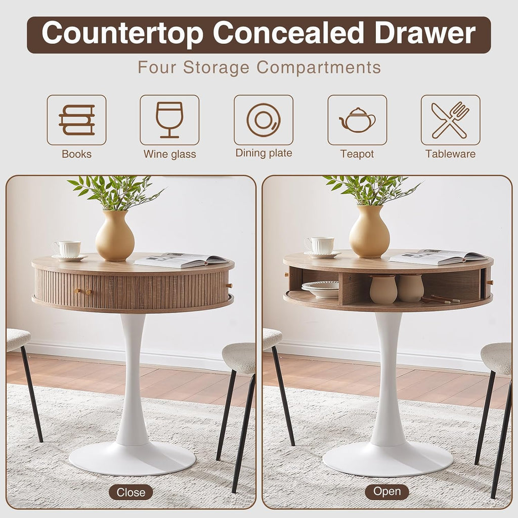 31.5" Round Fluted Pedestal Table for 2-4, Oak Circle Kitchen Dinner Table with Hidden Storage, 31''H Small Tulip Breakfast Desk with Sliding Doors, Metal Base for Kitchen, Cafe, Patio, Courtyard