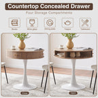 31.5" Round Fluted Pedestal Table for 2-4, Oak Circle Kitchen Dinner Table with Hidden Storage, 31''H Small Tulip Breakfast Desk with Sliding Doors, Metal Base for Kitchen, Cafe, Patio, Courtyard
