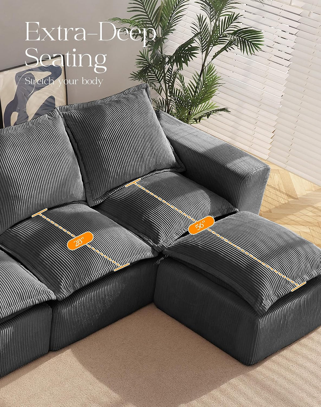 107" Boneless Comfortable Couch with Chaise, L Shaped Modular Sectional Couches for Living Room, Grey Corduroy Sofas with Ottoman, Compressed Sofa in a Box, No Assembly Required