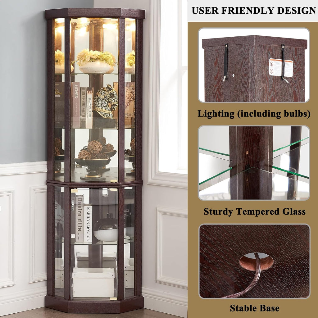 69" H Lighted Corner Display Cabinet, Curio Corner Glass Cabinet w/Adjustable Shelves & Glass Door, 5-Tier Wooden Storage Display Case w/Mirrored Back Pane for Living Room