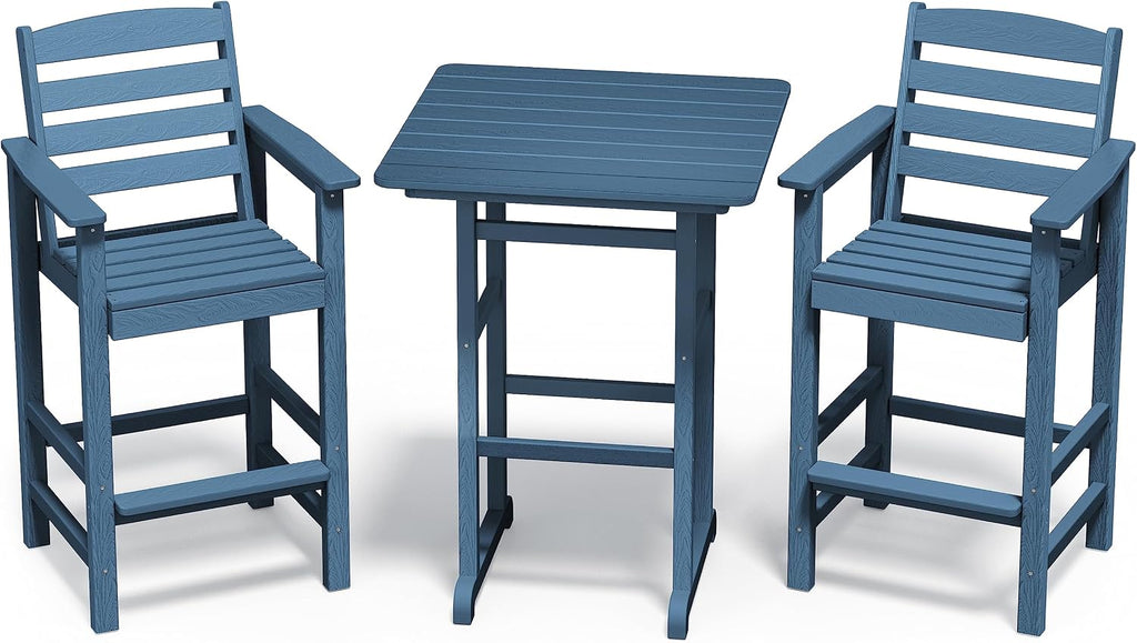 SERWALL 3 Pcs HDPE Bar Height Adirondack Chairs and Table Set, Blue