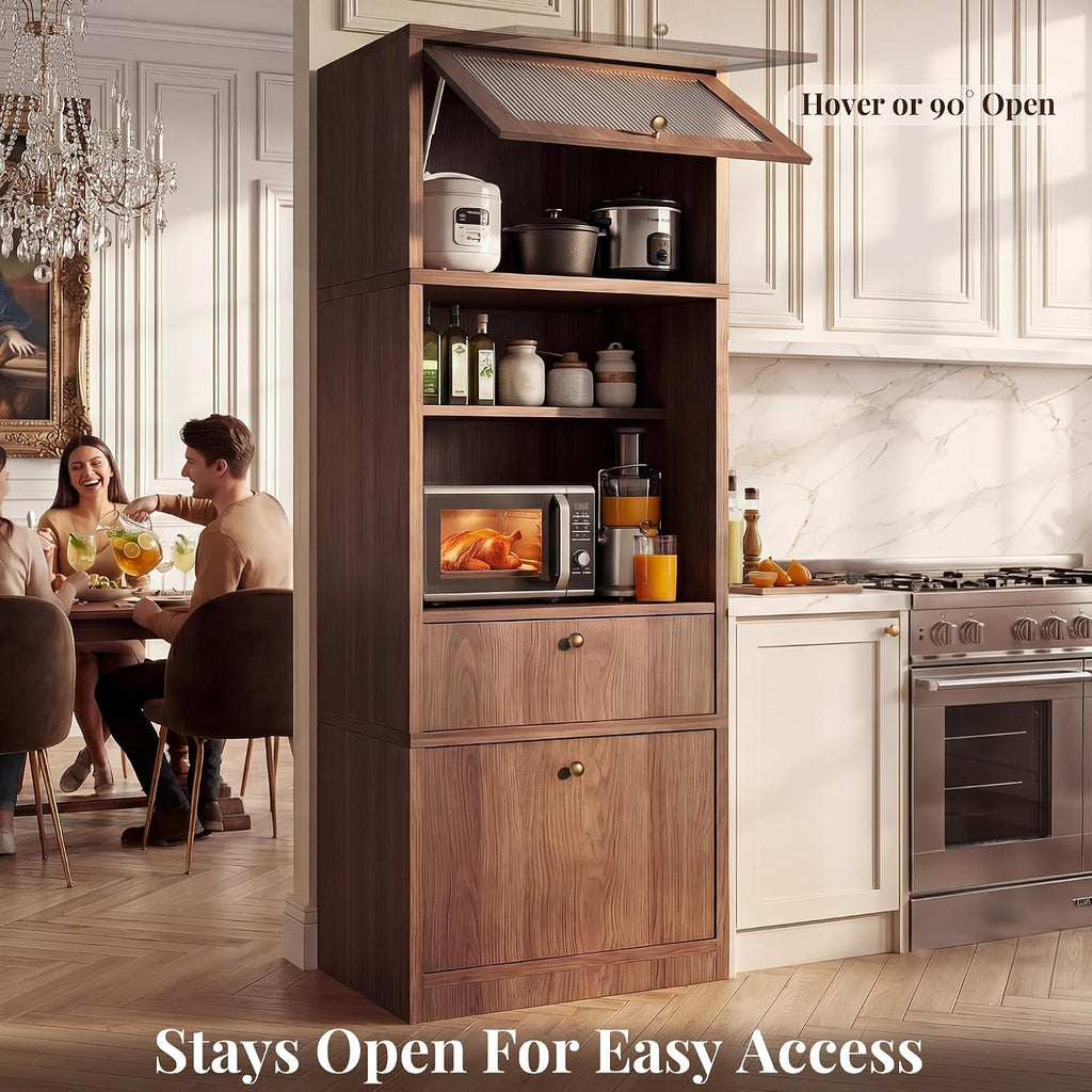 71" Tall Kitchen Pantry Cabinet with Fluted Door & Drawers, Walnut | Adjustable Shelves, Anti-tip Device, Freestanding, Spacious Kitchen, Bathroom Storage, Living Room, Modern Farmhouse Style