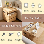 Night Stand with Gun Drawer, Charging Station, End Table with LED Lights, Modern Side Table with 2 Drawers & Open Shelf, Fluted Bedside Table for Bedroom Living Room Office, Oak