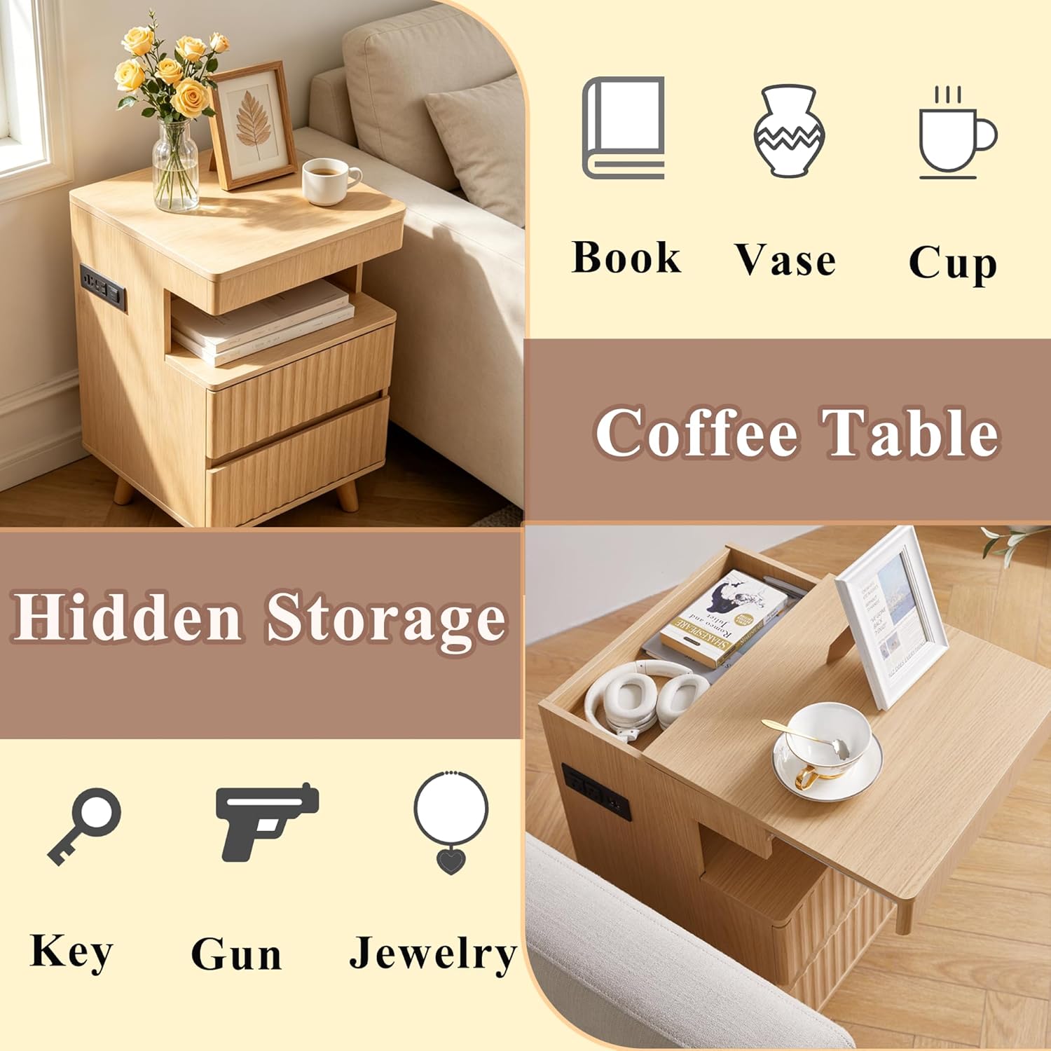 Night Stand with Gun Drawer, Charging Station, End Table with LED Lights, Modern Side Table with 2 Drawers & Open Shelf, Fluted Bedside Table for Bedroom Living Room Office, Oak