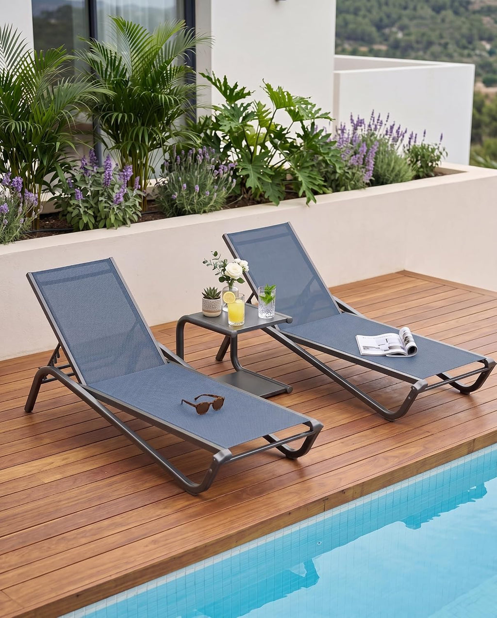 Outdoor Aluminum Textilene Chaise Lounge,2 Pieces Patio Lounge Chairs with Iron Side Table,6 Adjustable Positions, Stackable & Easy Assembly,400lbs Capacity,Breathable for Pool,Deck,Balcony,Navy Blue