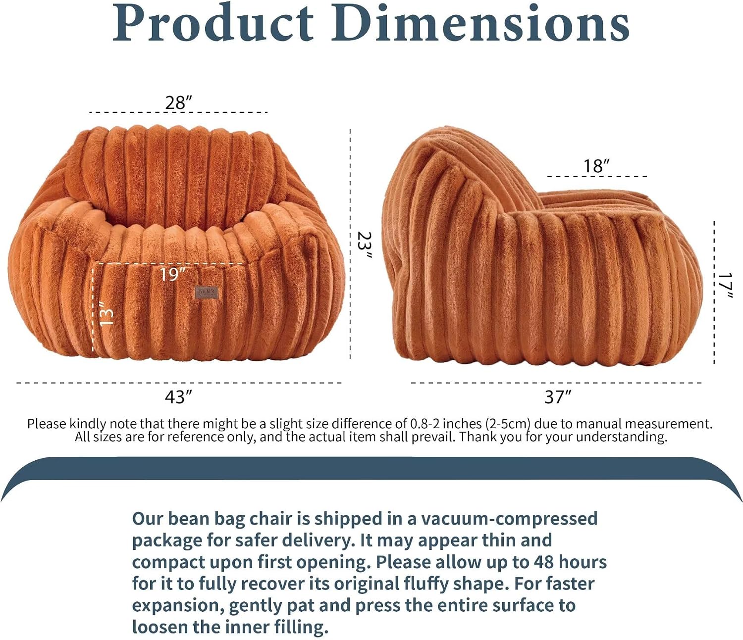 Giant Plush Bean Bag Chair for Adults with Armrests,Oversized Comfy Beanbag Lounge Lazy Floor Sofa Chair for Game Room,Living Room,Bedroom,Ultra Soft Mini Couch-Burnt Orange