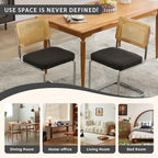 Rattan Dining Chairs Set of 4,Upholstered Mid-Century Modern Dining Room Chairs with Cane Backrest,Retro Linen Kitchen Chairs with Stainless Chrome Base,Black