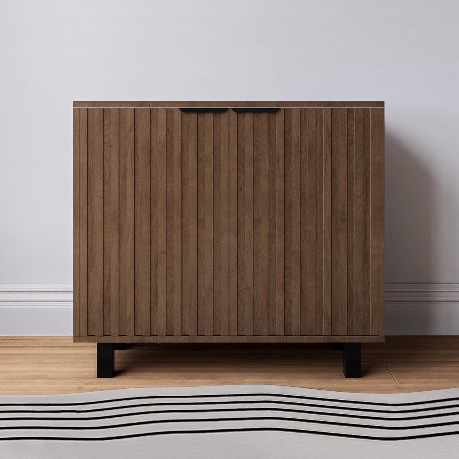 Sideboard Buffet Cabinet Storage for Entryway with Doors, Modern Fluted Shoe Organizer with Adjustable Shelves, Freestanding Hidden Shoe Rack with Black Metal Legs for Front Door Entrance, Living Room