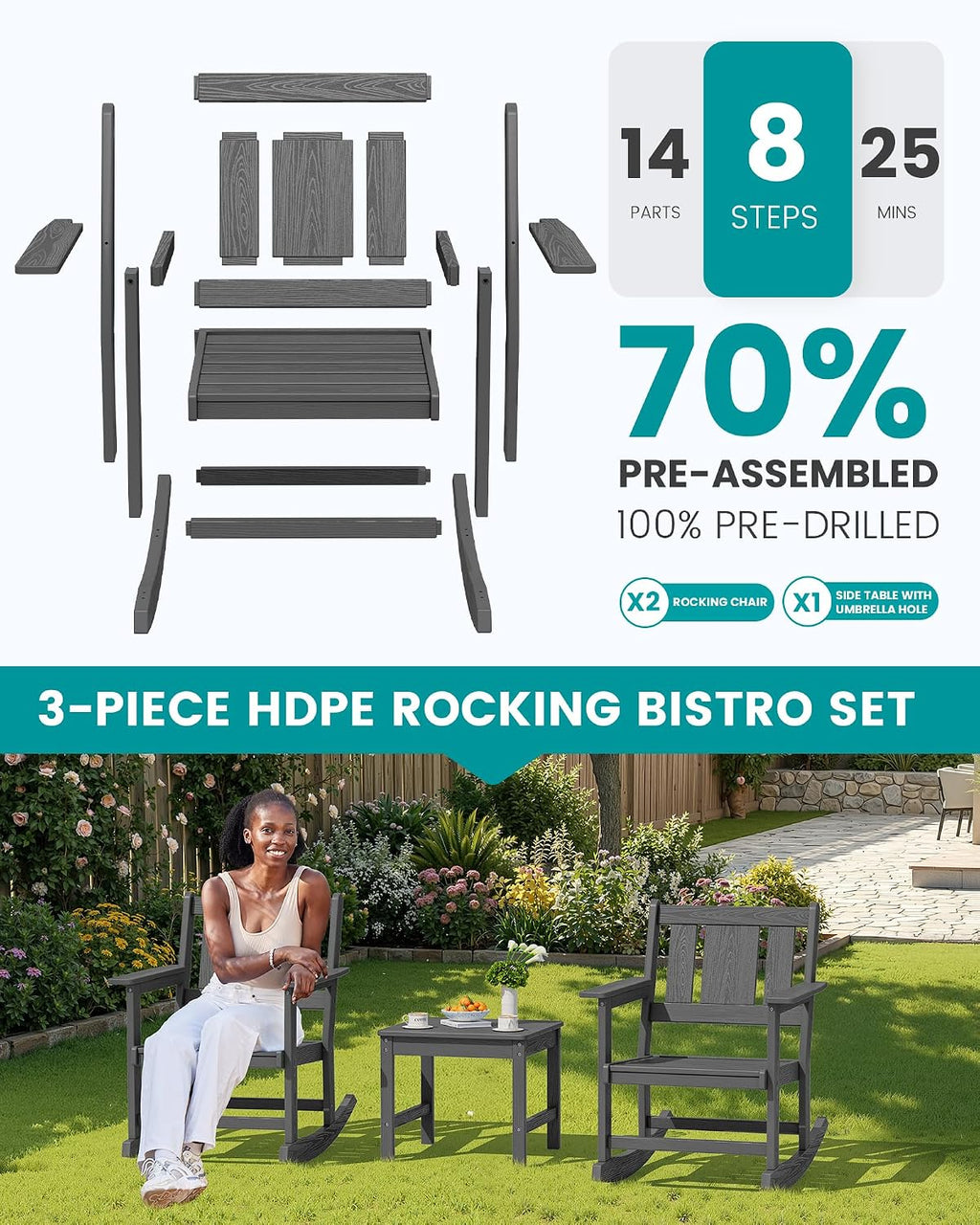 SERWALL Outdoor Rocking Chair Set of 2 with Side Table, All-Weather HDPE 3 Piece Patio Furniture Set, Outdoor Bistro Set with Pre-Drilled Hole for Porch Deck Lawn Balcony, Grey