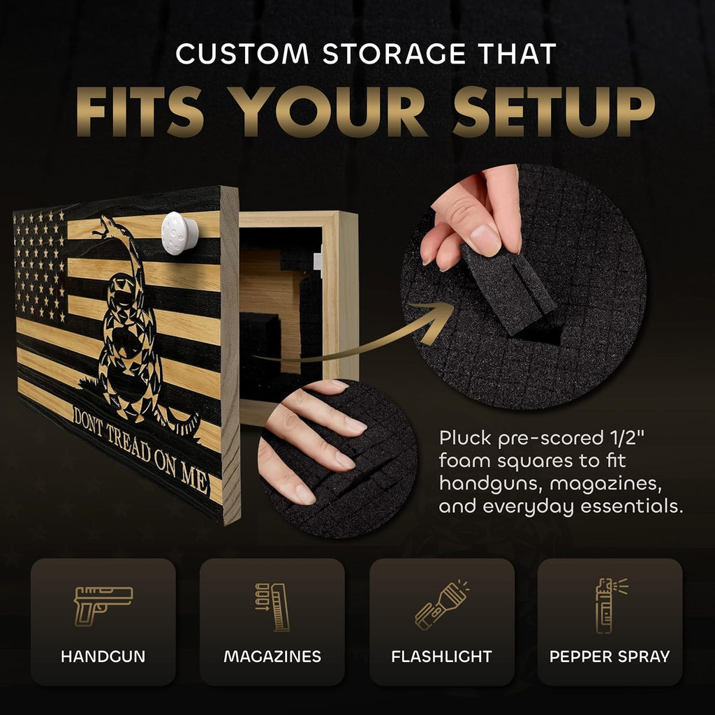 Bellewood Designs Hidden Gun Shelf - Dont Tread on Me Concealment Shelf - Quick Access Patriotic Hidden Gun Storage with Magnetic Lock - Safe & Secure Gun Concealment Furniture - Made in USA