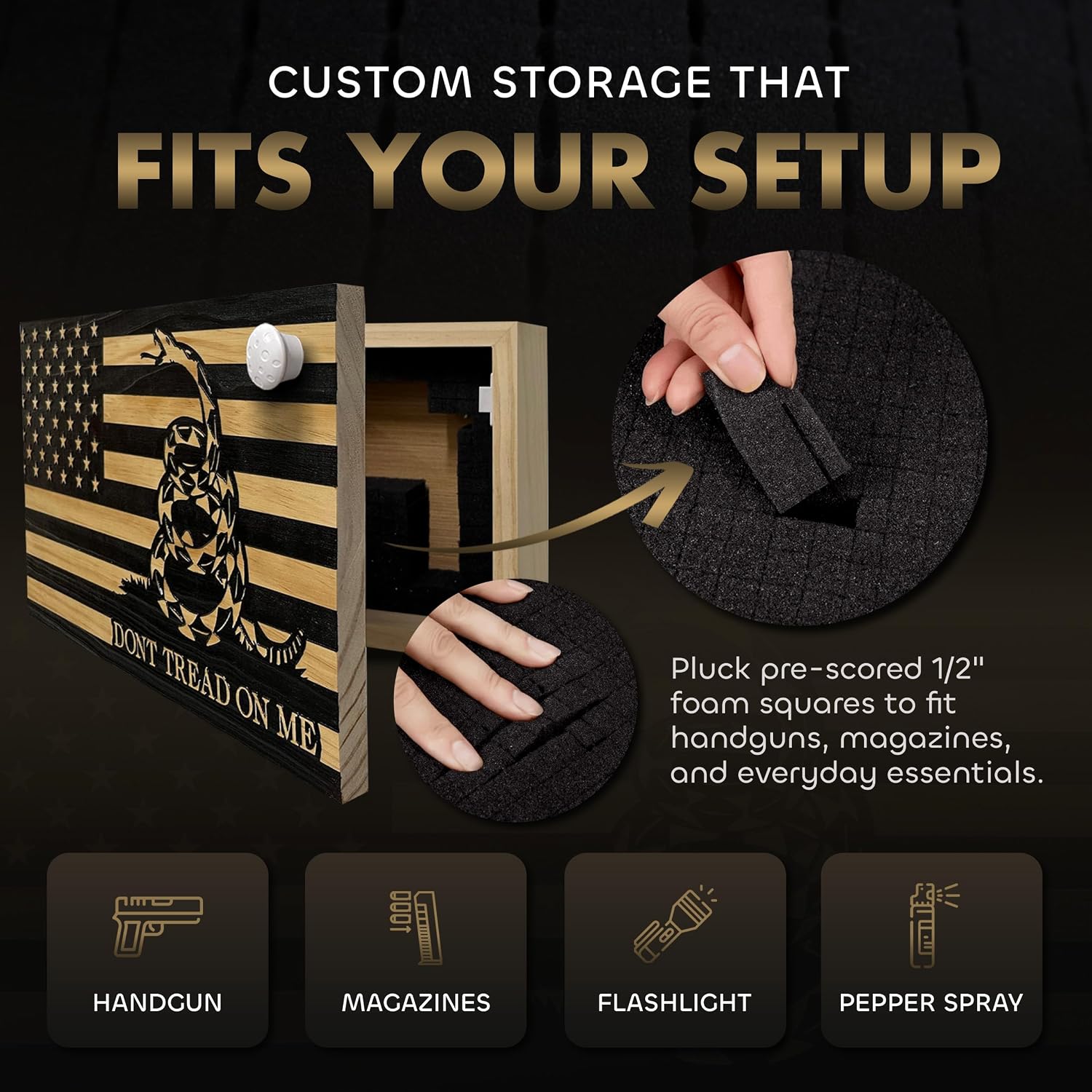 Bellewood Designs Hidden Gun Shelf - Dont Tread on Me Concealment Shelf - Quick Access Patriotic Hidden Gun Storage with Magnetic Lock - Safe & Secure Gun Concealment Furniture - Made in USA