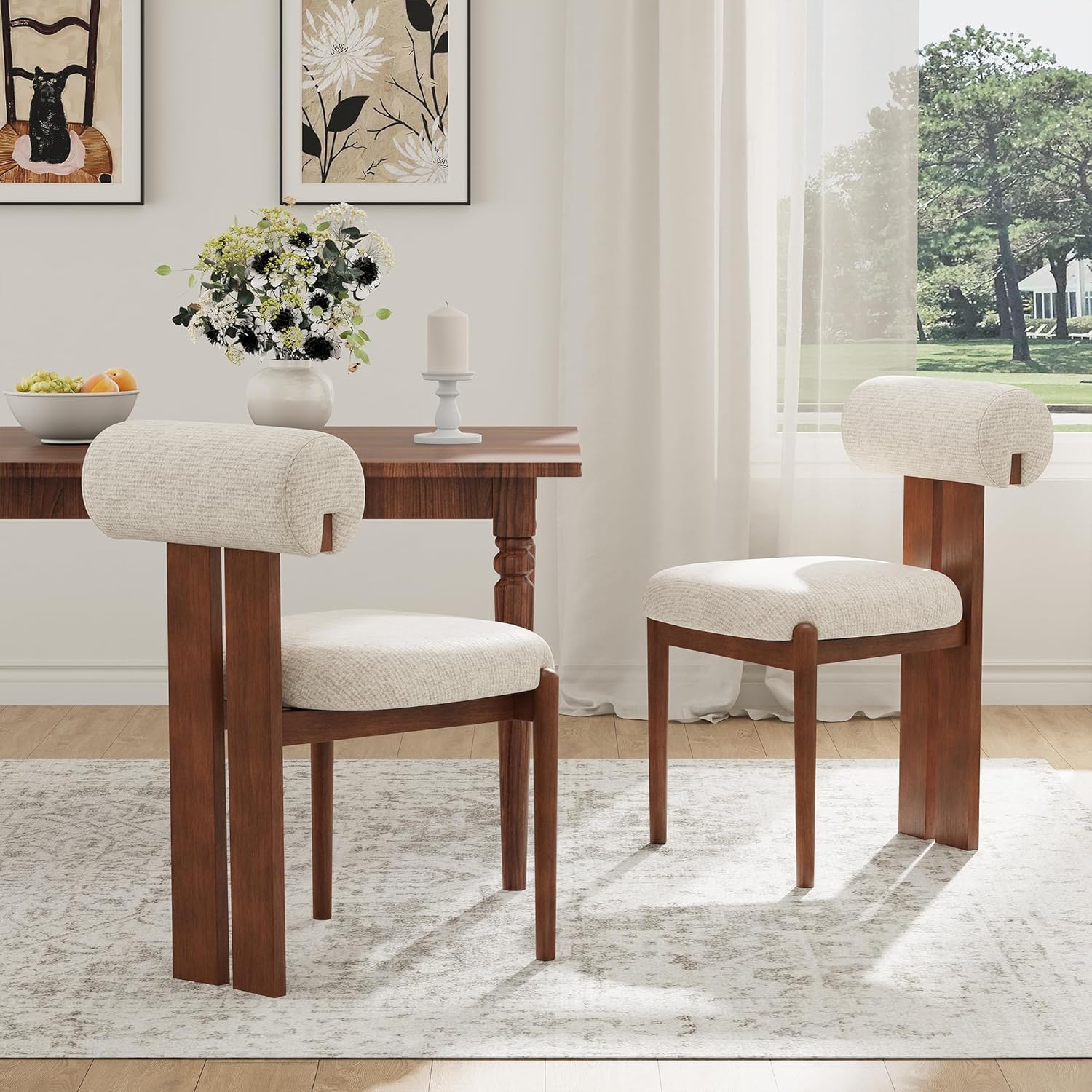 MALOL Modern Wooden Dining Chairs Set of 6, Upholstered Fabric Kitchen Chairs with Sculptural Backrest, Mid-Century Farmhouse Dining Room Chairs with Solid Wood Legs, Beige